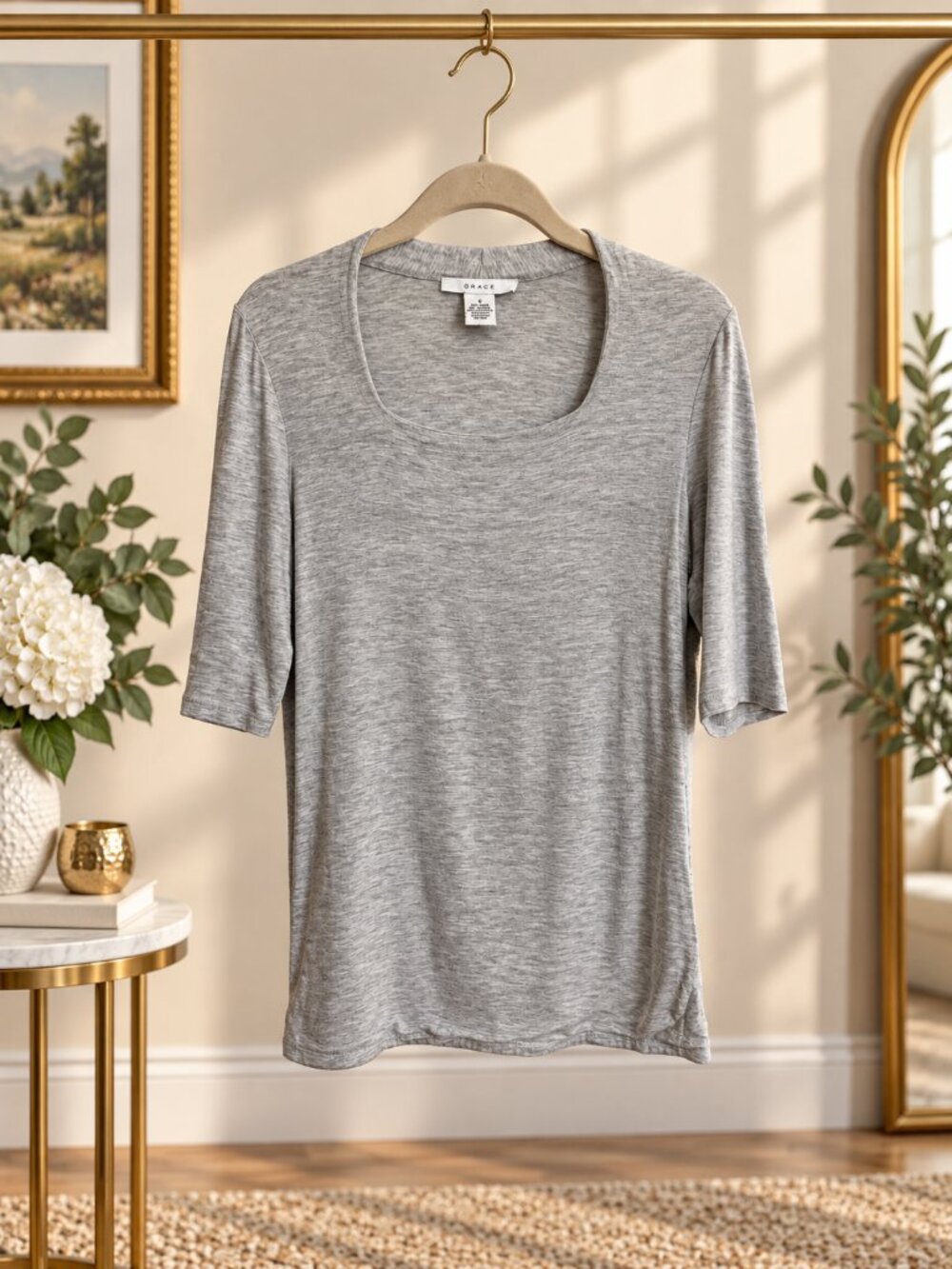 Grace Heather Gray Scoop Neck 3/4 Sleeve Rayon Stretch Tunic Top S